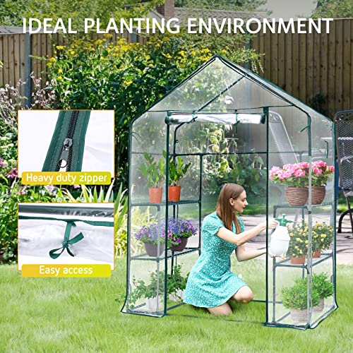 VIVOSUN 57x57x77-Inch Transparent Mini Walk-in Green House with Window and Anchor, Plant Garden Hot House 2 Tiers 8 Shelves, 4.7 x 4.7 x 6.4 FT