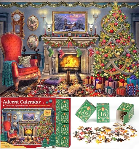 Puzzle Advent Calendar 2024 Christmas Jigsaw Puzzles - Festive Fireplace 1008 Pieces Jigsaw Puzzle 24 Days Christmas Countdown Advent Calendar Puzzle for Adults and Kids Countdown to Christmas Puzzles Gift