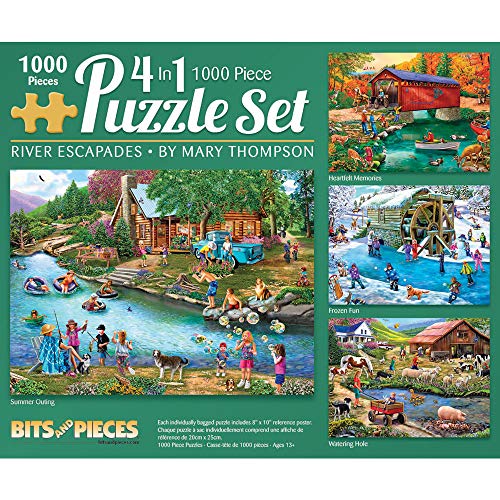 Bits and Pieces – 4-in-1 Multi-Pack - 1000 Piece Jigsaw Puzzles for Adults – 1000 pc River Escapades Puzzle Set Bundle by Artist Mary Thompson - 20" x 27"