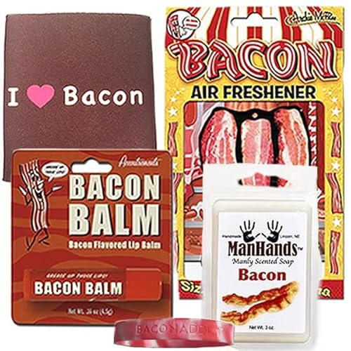 Bacon Addicts Survival Kit Gift Pack (5pc Set) - Bacon Soap, Air Freshener, Lip Balm, I Heart Bacon Can Cooler & Bacon Addict Silicone Wristband