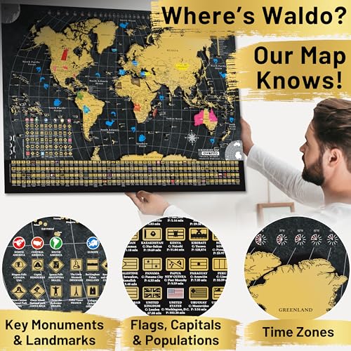 OVANTO Scratch Off World Map & US Map-Durable 17x24” United States Map & World Travel Map with Pins & Accessory Set–Easy to Scratch Off Maps with Colored Details in Name-Tagged Gift Box for Travelers