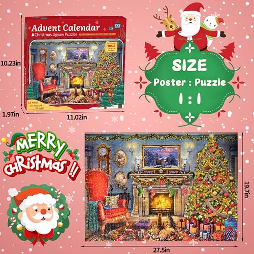 Puzzle Advent Calendar 2024 Christmas Jigsaw Puzzles - Festive Fireplace 1008 Pieces Jigsaw Puzzle 24 Days Christmas Countdown Advent Calendar Puzzle for Adults and Kids Countdown to Christmas Puzzles Gift