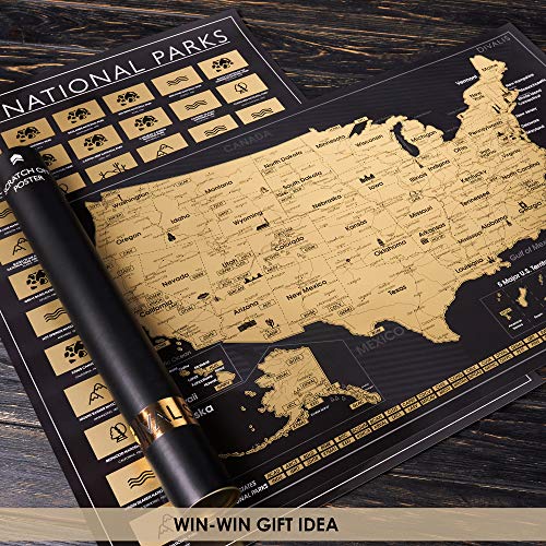 2 in 1 Gift Set - Scratch off US Map and 63 National Parks Poster - 24x16 Easy to Frame Scratchable United States of America Posters - Globetrotters Wall Map - Black and Gold Travel Tracker