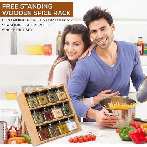 TILZ GEAR Wooden 3-Tier Spice Rack, 12 Filled Glass Jars, 12 Organic Spices Included, Brown