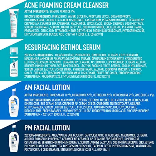 CeraVe Acne Skin Care Set | 5oz Acne Foaming Cream Cleanser + 1oz Resurfacing Retinol Serum + 2oz AM Facial Moisturizing Lotion with SPF 30 + 2oz PM Facial Moisturizing Lotion | Skin Care Routine