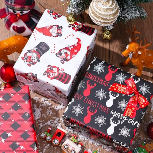 ZINTBIAL Christmas Wrapping Paper for Kids Adults - Xmas Wrapping Paper with Red/Black Plaid, Reindeer, Gnome, “Ho Ho” Words - 28 x 40 Inches, 6 Jumbo Sheets, Easy to Store