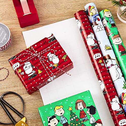 Hallmark Christmas Peanuts Wrapping Paper with Cut Lines on Reverse (Pack of 3, 105 sq. ft. ttl) Snoopy, Charlie Brown, Woodstock (5JXW1036)