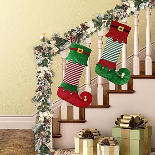 VRFASHION Elf Personalized Christmas Stockings, Custom Embroidered Name Family Xmas Stockings, Large Elf Xmas Stocking with Name, Christmas Tree Family Fireplace Hanging Stocking Decorations 1 Pcs