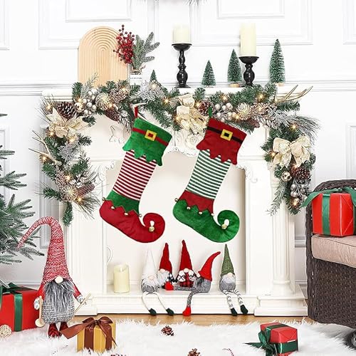 VRFASHION Elf Personalized Christmas Stockings, Custom Embroidered Name Family Xmas Stockings, Large Elf Xmas Stocking with Name, Christmas Tree Family Fireplace Hanging Stocking Decorations 1 Pcs