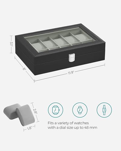 SONGMICS Watch Box, 12-Slot Watch Case with Large Glass Lid, Removable Watch Pillows, Watch Box Organizer, Christmas Gift , Black Synthetic Leather, Gray Lining UJWB12BK