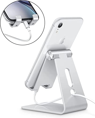 Adjustable Cell Phone Stand, OMOTON Aluminum Desktop Cellphone Stand with Anti-Slip Base and Convenient Charging Port, Fits All Smart Phones, Silver