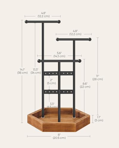 SONGMICS Jewelry Holder, Jewelry Organizer, 4 Independent Zones, Jewelry Display Stand with Metal Frame, Necklace Earring Bracelet Holder, for Rings, Christmas Gift, Black and Caramel Brown UJJS03CB