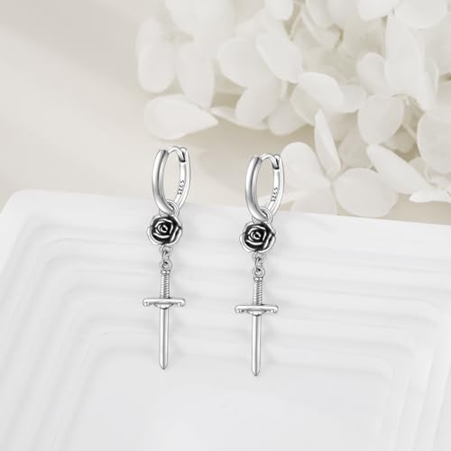 Sword Hoop Earrings 925 Sterling Silver Sword Drop Earrings Rose Flower Dangle Earrings Sword Jewelry Gift for Women Men