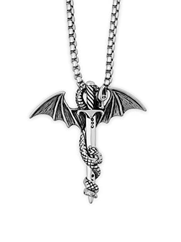 HAQUIL Silver Plated Stainless Steel Vintage Punk Rock Dragon Sword Pendant Animal Gothic Necklace for Mens Perfect Dragon Gifts for Men