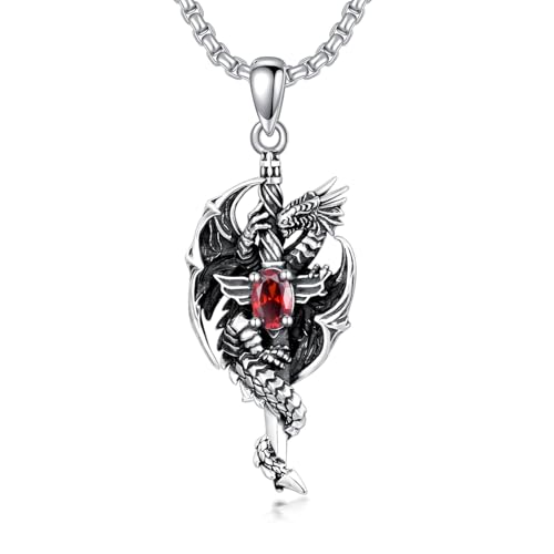 CEKAMA Cross Sword Dragon Necklace Men's Gothic Sterling Silver Medieval Mythic Retro Hovering Dragon Totem Pendant Silver Warrior Jewelry Gifts for Men Father