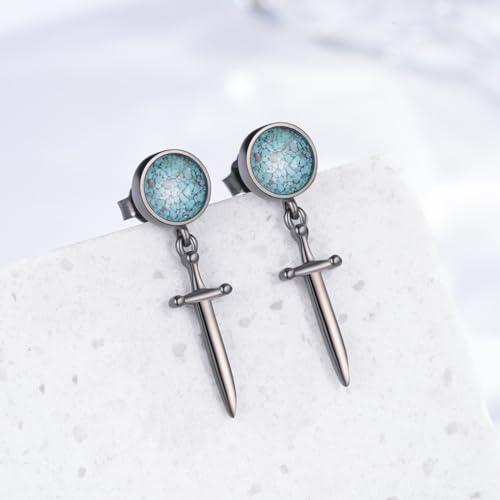 KoyeKei Black Sword Stud Earrings 925 Sterling Silver Turquoise Dagger Dangle Drop Earrings Punk Gothic Jewelry Christmas Gifts for Women Men