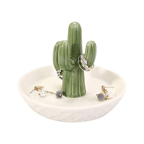 HOME SMILE Ceramic Cactus Ring Holder with Derorative White Dish for Jewelry,Christmas Birthday Gifts for Women