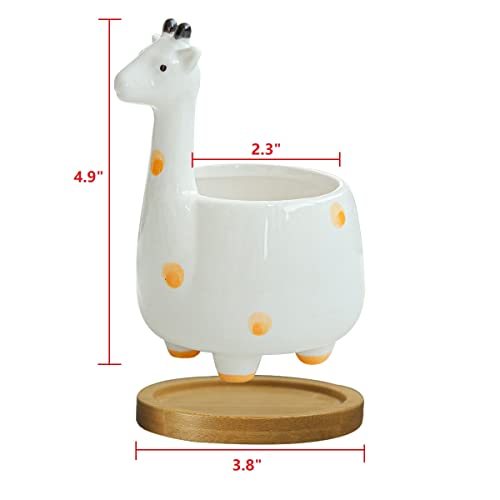 GeLive Giraffe Succulent Planter Indoor Tabletop Ceramic Plant Pot Kitty Ornament Animal Flower Decor Vase with Drainage Tray for Succulents or Mini Cactus