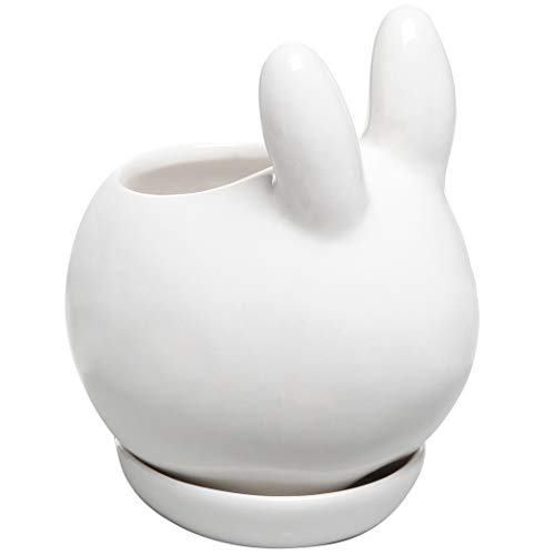 MyGift Mini Ceramic Bunny Planter, Decorative Rabbit Design White Small Flower Pot Succulent Planter with Detached Saucer