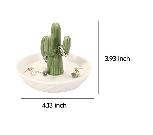 HOME SMILE Ceramic Cactus Ring Holder with Derorative White Dish for Jewelry,Christmas Birthday Gifts for Women