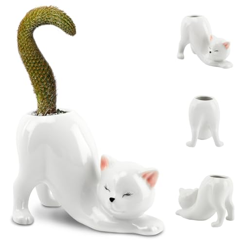 Ceramic Tailless Cat Succulent Pot, Cute Kitty Succulent Indoor Flower Pot, Novelty Cat Tail Planter Pot for Indoor Plants, Succulents, Flowers, Cactus, Mini Home Decor Planter