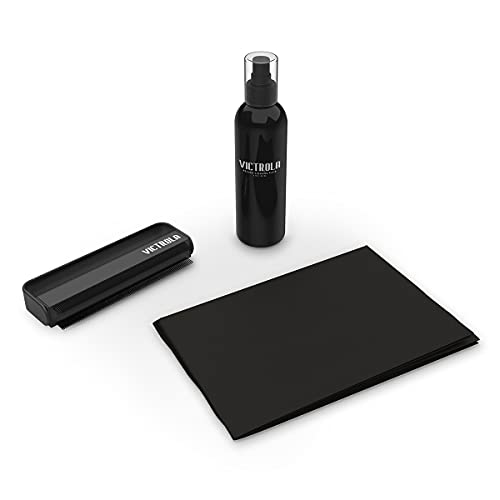 Victrola 'The Kit' - A Vinyl Record Cleaning Kit, Doubles as a Record Stand, Includes Anti-Static Brush, Cleaning Solution, Cloth, Espresso Wood Finish Stand with Smart Black Metal Accents