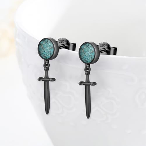 KoyeKei Black Sword Stud Earrings 925 Sterling Silver Turquoise Dagger Dangle Drop Earrings Punk Gothic Jewelry Christmas Gifts for Women Men