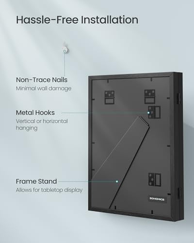 SONGMICS Kids Artwork Frame Changeable, A4, 8.5x11 Art Picture Frame Display for Room Decor, Each Storage up to 150 Drawings, with Mat, Stickers, Non-Trace Nails, MDF, Glass, Ash Black