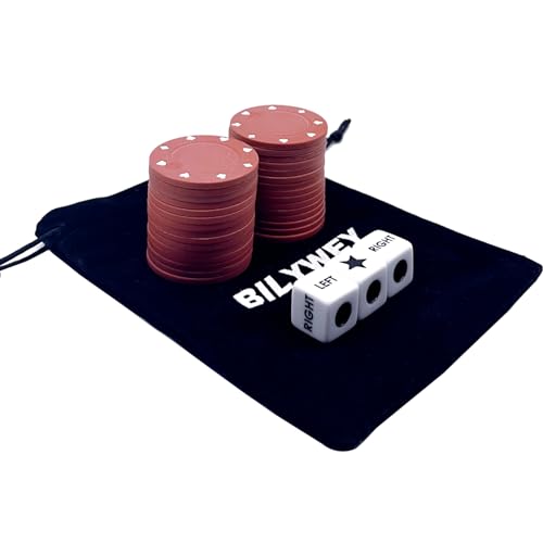 Bilywey Upgrade Left Right Center Dice Game Set with 3 Dices + 30pcs 4cm Red Poker Chips + Black Storage Carry Tin (Red)