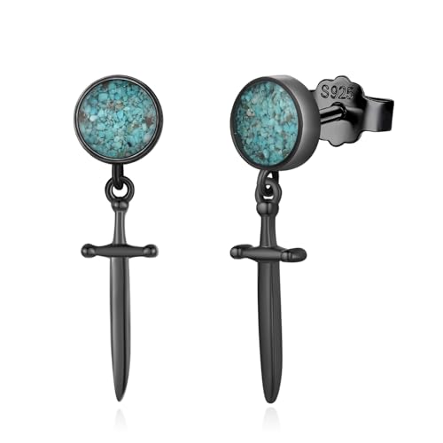 KoyeKei Black Sword Stud Earrings 925 Sterling Silver Turquoise Dagger Dangle Drop Earrings Punk Gothic Jewelry Christmas Gifts for Women Men