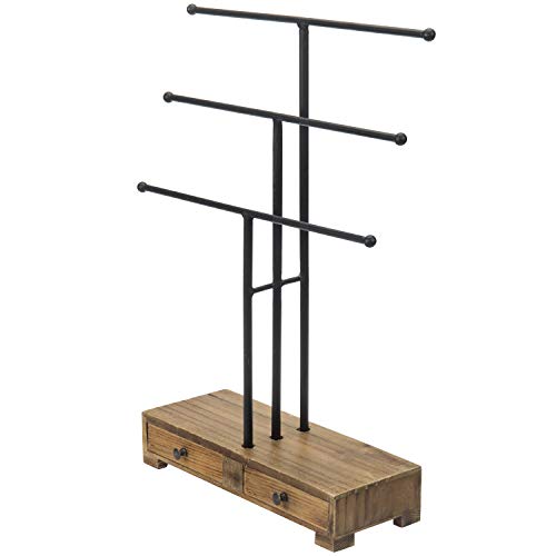 MyGift 3-Tier Black Metal T-Bar Jewelry Necklace Display Stand with Wooden Base & Ring Drawers