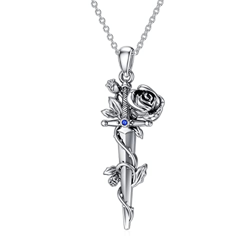 LEECCI Rose Sword Necklace 925 Sterling Silver Dagger Necklace for Women Men Medieval Sword Pendant Dagger Jewelry Birthday Gifts