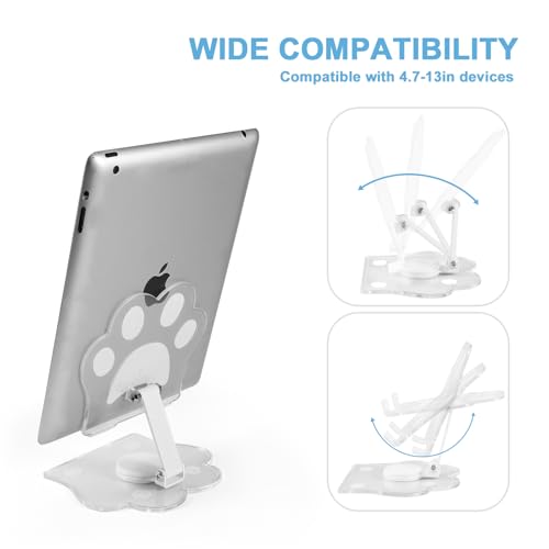 XIYIASUN Cat Paw Acrylic Tablet Stand for Desk,Multi-Angle Adjustable Clear Tablet Holde，360° Rotating Mobile Tablet Stand for Desk Home Office, Compatible