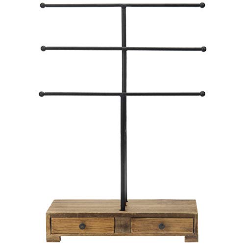 MyGift 3-Tier Black Metal T-Bar Jewelry Necklace Display Stand with Wooden Base & Ring Drawers