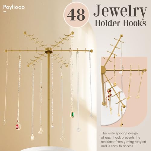 Poyilooo Necklace Holder Jewelry Stand, Rotating Necklace Holder Organizer with 48 Hooks for Necklace Earring Keychains Bracelet Display Stand, Metal Necklace Tree Stand -Christmas Gifts (Gold)