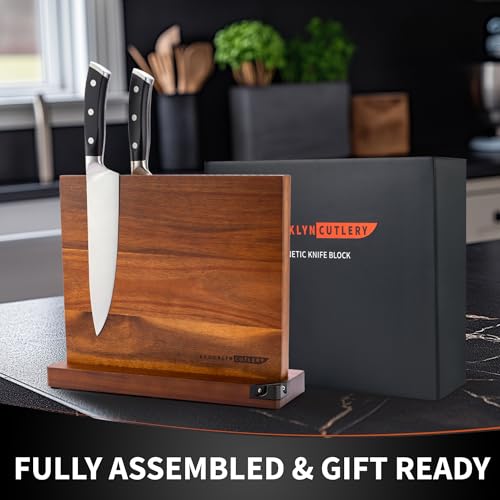 BROOKLYN CUTLERY Magnetic Knife Block, Acacia Wood Magnetic Knife Holder for Kitchen Counter Universal Knife Block Without Knives (12 x 10 With Sharpener)