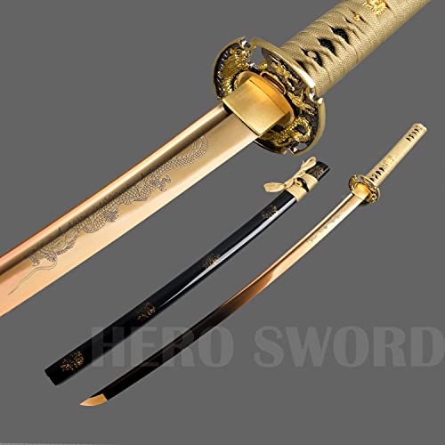 Handmade Gold Blade Japanese Samurai Sword Hand Etching engrave Gold Dragon Katana Full Tang Sharp Can Cut Bamboo Trees (Gold Dragon Katana)