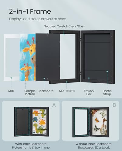 SONGMICS Kids Artwork Frame Changeable, A4, 8.5x11 Art Picture Frame Display for Room Decor, Each Storage up to 150 Drawings, with Mat, Stickers, Non-Trace Nails, MDF, Glass, Ash Black