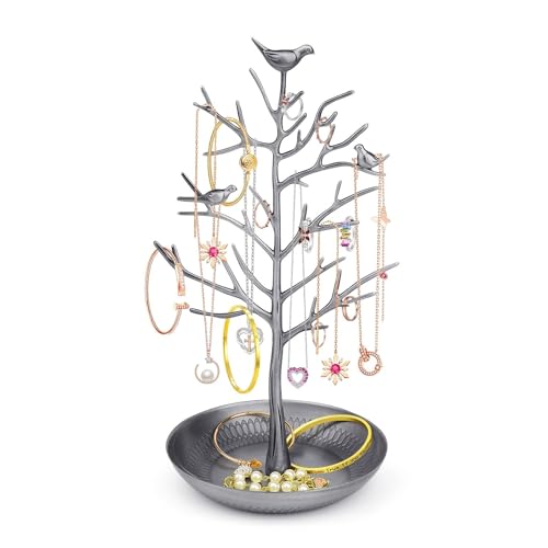 Flexzion Jewelry Display Stand, Earring Necklace Holder Tree Tower Rack Hanging Organizer - Ideal for Bangles Pendants Anklet (Silver)