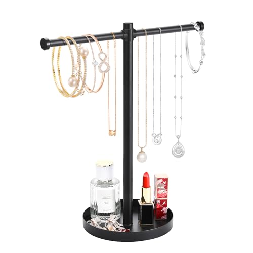 bodkar Jewelry Necklace Organizer Stand,12.9" Tall Sturdy Metal Jewelry Stand with Round Tray for Bracelet Bangles Holder Display,Long Necklace Organizer Holder (black)