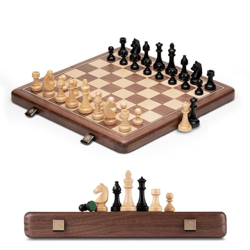 A&A Premium Natural Walnut Folding Chess Set, w/ 15" Board & 3" King Height Staunton Chess Pieces, Includes 2 Extra Queens and a Storage Bag