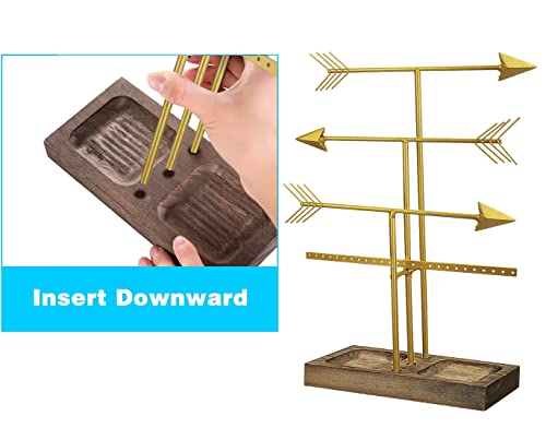 Urban Deco Arrow Jewelry Organizer Stand 4-Tier Gold Jewelry Stand Necklace Organizer With Wooden Ring Holder For Jewelry Display Bracelet Holder Stand Earring Organizer For Girls - Gold