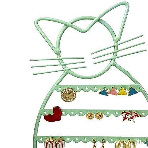 ERYTLLY Earring Holder Organizer, Cat Shaped Earring Organizer Stand With Wood Base Necklace Holder Organizer-47 Stud Earrings Holes Bracelet Holder (Mint Green)