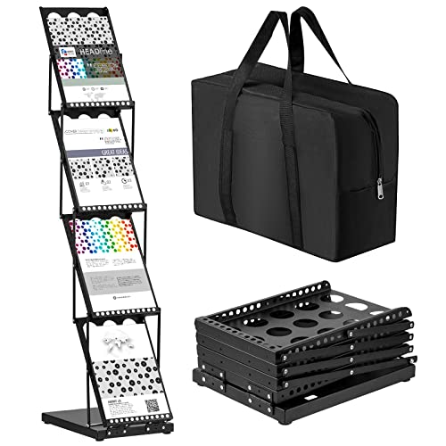 Tatuo 1 Piece Foldable Magazine Rack Metal Catalog Literature Rack Portable 4 Pockets with Carrying Bag Brochure Stand Literature Rack Display Holder Stand for Exhibition Trade Show