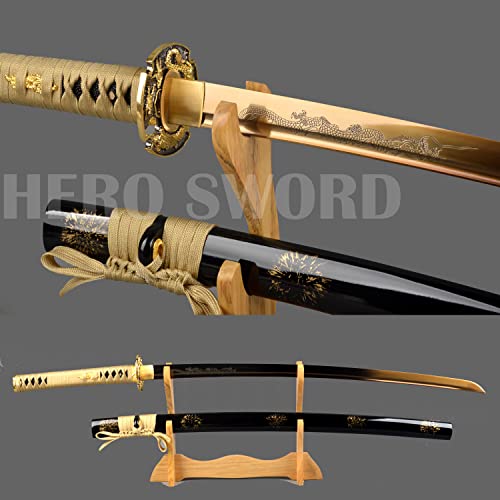 Handmade Gold Blade Japanese Samurai Sword Hand Etching engrave Gold Dragon Katana Full Tang Sharp Can Cut Bamboo Trees (Gold Dragon Katana)