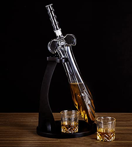 LUJII Heroic Sword Whiskey Decanter Set for Brave Hero, Liquor Dispenser with 2 Glasses & Wooden Tray, Alcohol Holder for Bourbon or Scotch, Gift for Men Husband Dad Boyfriend or Son, 850 ml