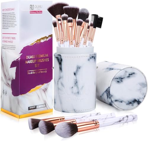 DUAIU Makeup Brushes Set Make Up Brushes Professional 15Pcs Marble Makeup Brush Set for Foundation Powder Concealers and Eyeshadow with Exquisite Marble Bucket Gift Box…