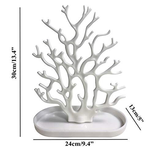 NewFerU Coral Tree Jewelry Hanging Stand Display Table Top Necklace Bracelet Holder Earring Hanger Organizer Rack Tower with a Ring Watch Dish Tray for Women Girls (White)