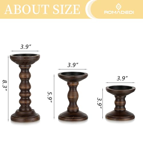 Romadedi Wood Candle Holders for Pillar - Set of 3 Tall Rustic Vintage Wooden Candlestick Holder, Farmhouse Candle Stand for Fireplace Mantle Shelf Table Retro Home Decor, Dark Brown, 3.9"/6"/ 8.3"