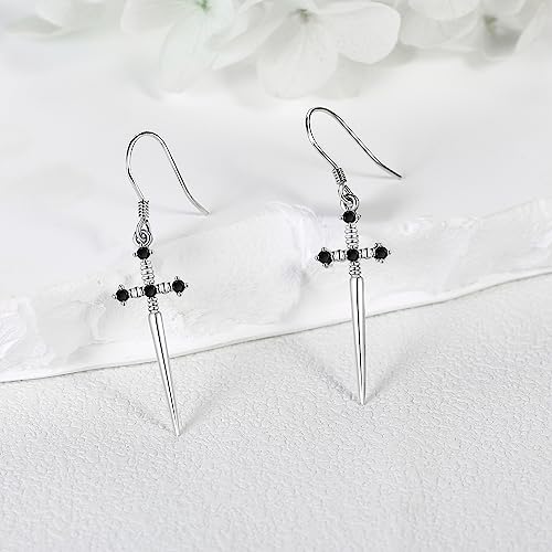 Sword Earrings 925 Sterling Silver Gothic Dangle Drop Earrings Cool Goth Jewelry Gift for Women Men